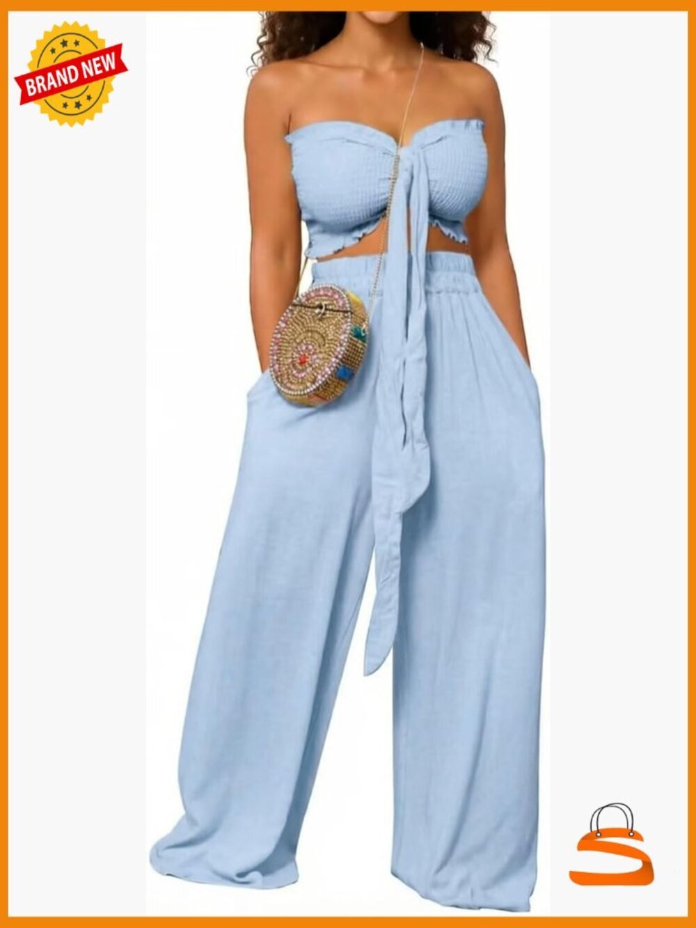 Two Piece Outfits Knot Front Ruffle Trim Smocked Crop Top Wide Leg Pant Sets